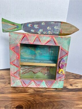 Hand Painted Folk Art Wall Cabinet Coastal Fish Motif Beach Rustic Wooden Shadow